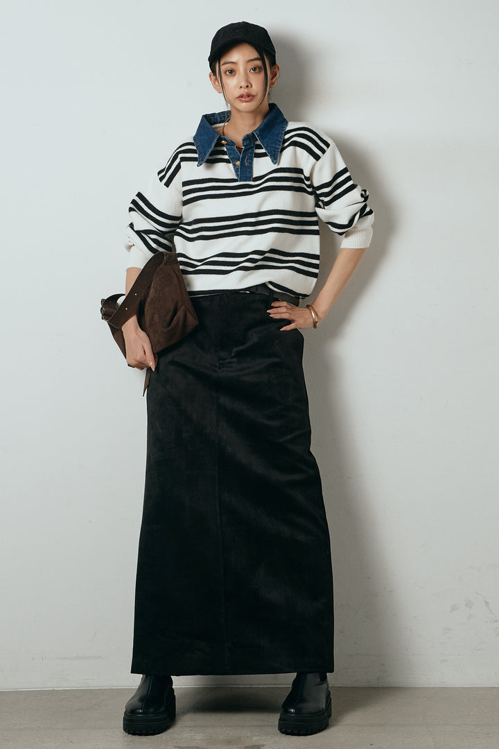 [SET]デニムレイヤード風ランダムボーダーニットプルオーバー+エコスウェードワイドスカート(2set)