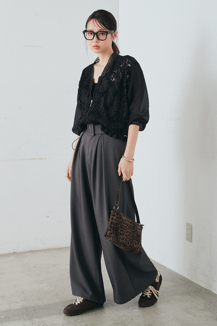 [SET]モチーフ付きシアーブルゾン+ベルト付きツータックワイドパンツ(2set)