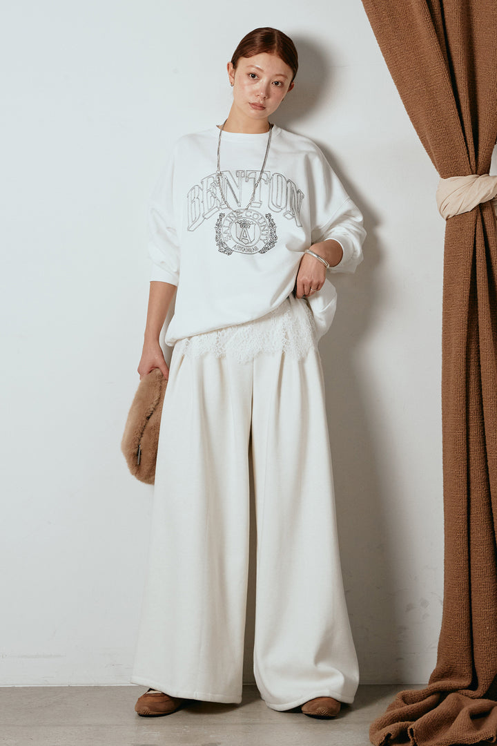 [SET]フロントロゴスウェットプルオーバー+カップ付きレースドッキングキャミソール+フェイクレザー太ベルト付きタックワイドパンツ(3set)