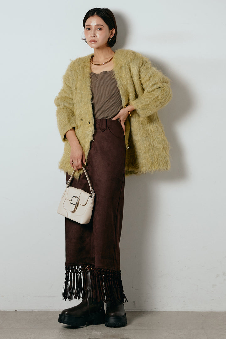 [SET]ウェーブシャギーニットジャケット+スウェードライク裾フリンジスカート(2set)