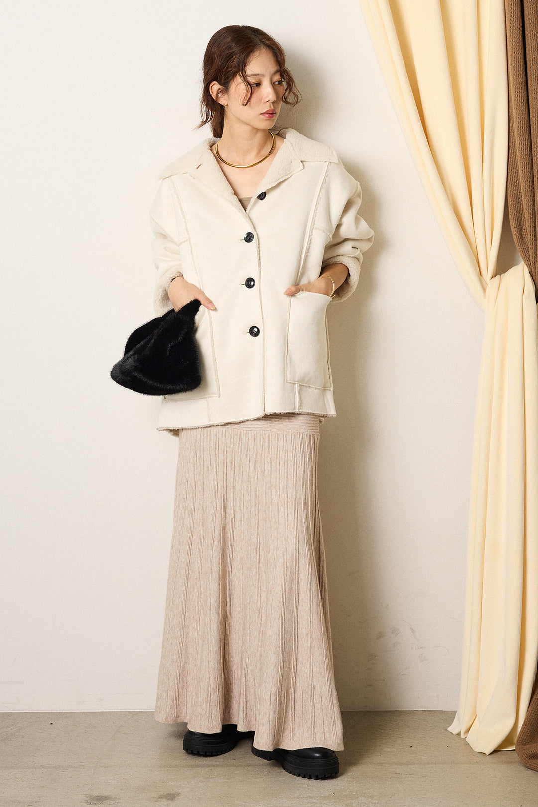 [SET]エコムートンカバーオール+編み地切り替えフレアニットスカート(2set)