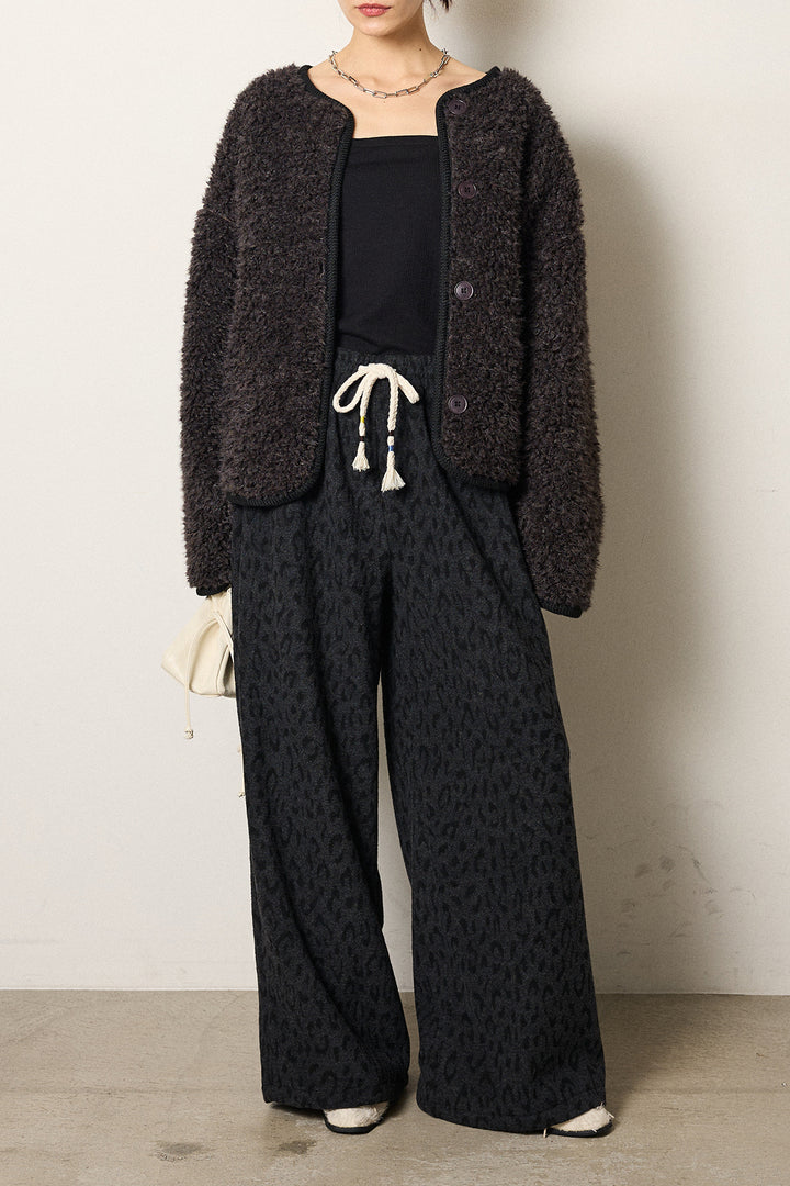 [SET]ノーカラー裏地レオパードボアアウター+レオパードジャガードニットパンツ(2set)