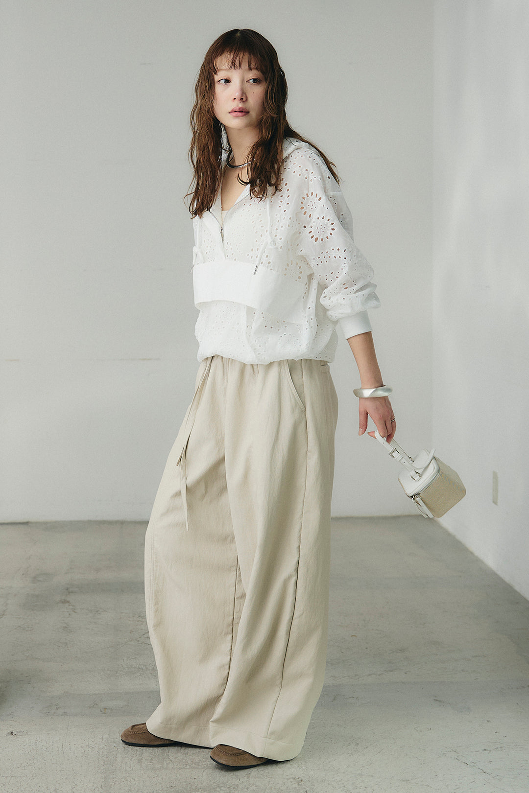 [SET]レースハーフジップアップフーディー+フェイクレザーカーブワイドパンツ(2set)