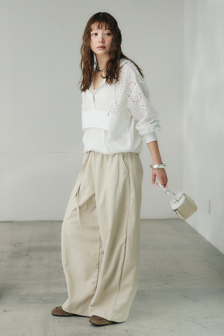 [SET]レースハーフジップアップフーディー+フェイクレザーカーブワイドパンツ(2set)