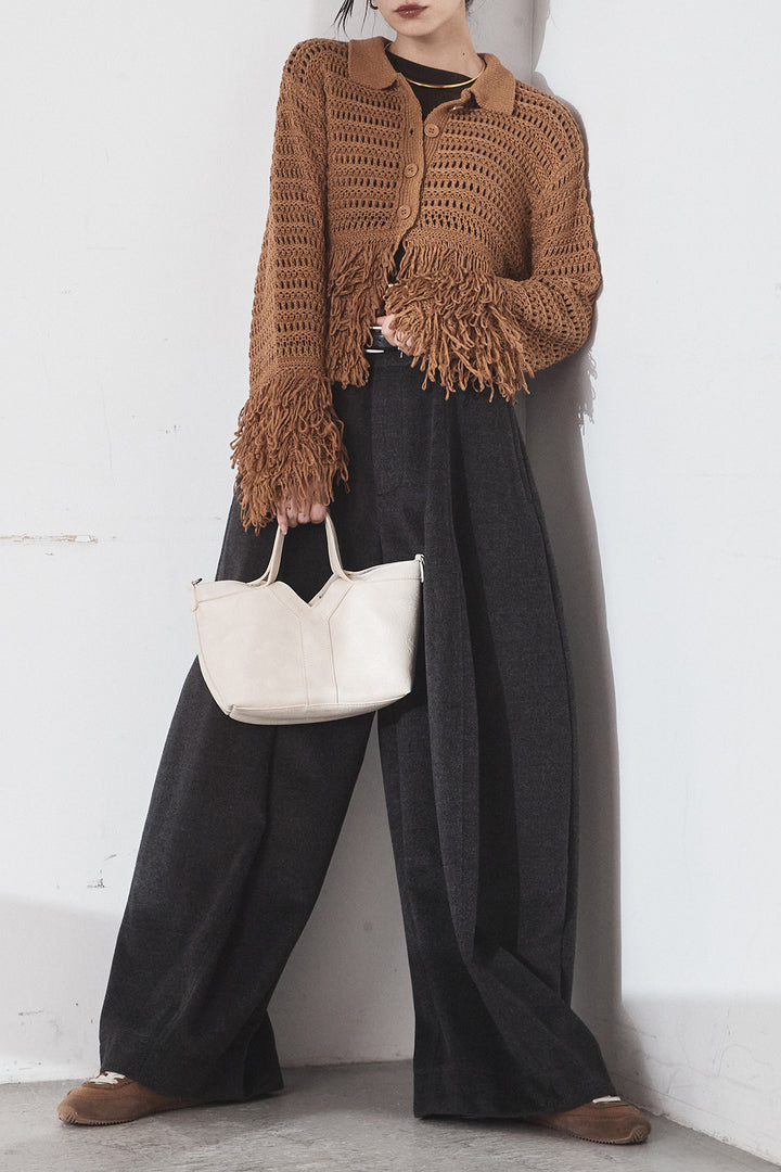 [SET]メッシュフリンジカーディガン+ウールタッチカーブワイドパンツ(2set)