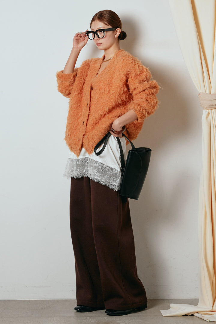 [SET]ルーズシャギーニットカーディガン+裏起毛スウェットワイドパンツ+レース切り替えキャミソール(3set)