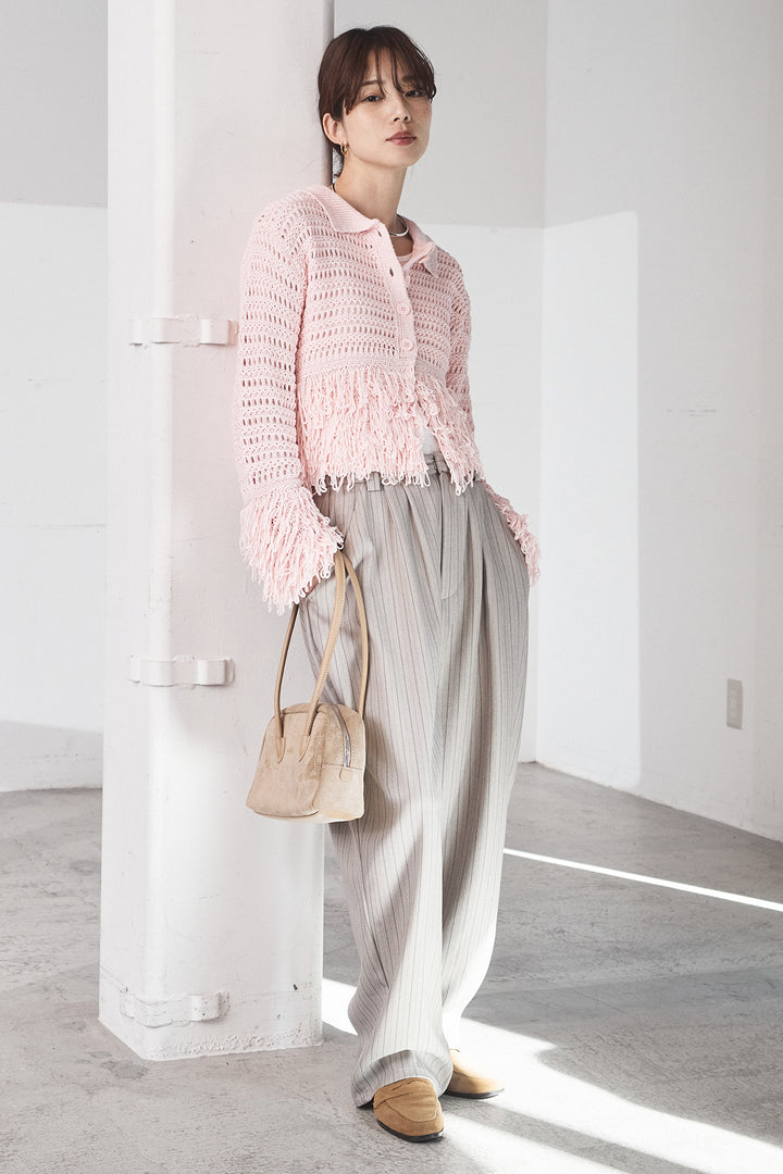 [SET]メッシュフリンジカーディガン+ヘリンボーンストライプツータックパンツ(2set)