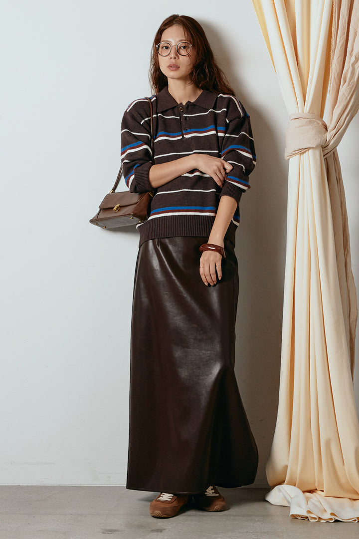[SET]襟付きマルチボーダーニットポロトップス+紐付きフェイクレザーワイドスカート(2set)