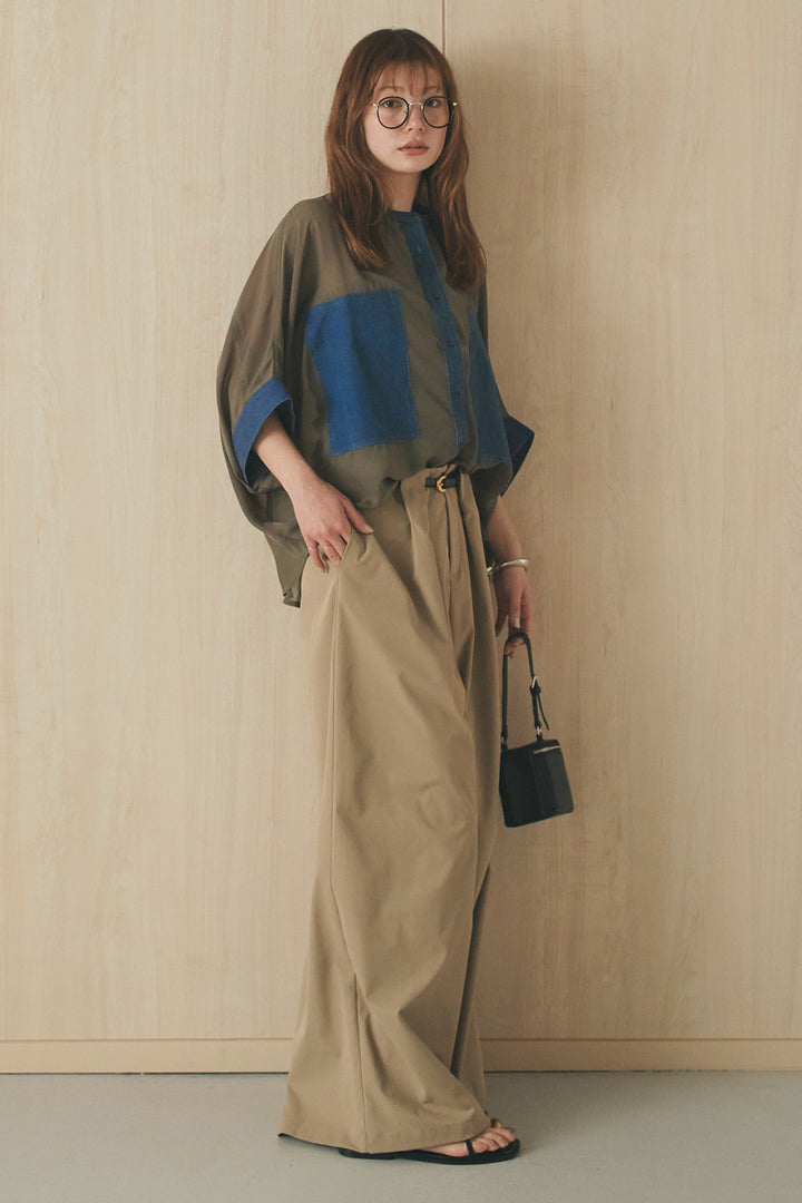[SET]デニムライクビッグツーポケシアーシャツ+ベルトループデザインハイウエストタックパンツ(2set)