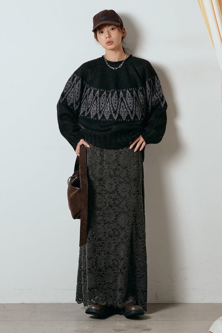 [SET]モノトーン柄ニットトップス+花柄刺繍ベロアフレアスカート(2set)