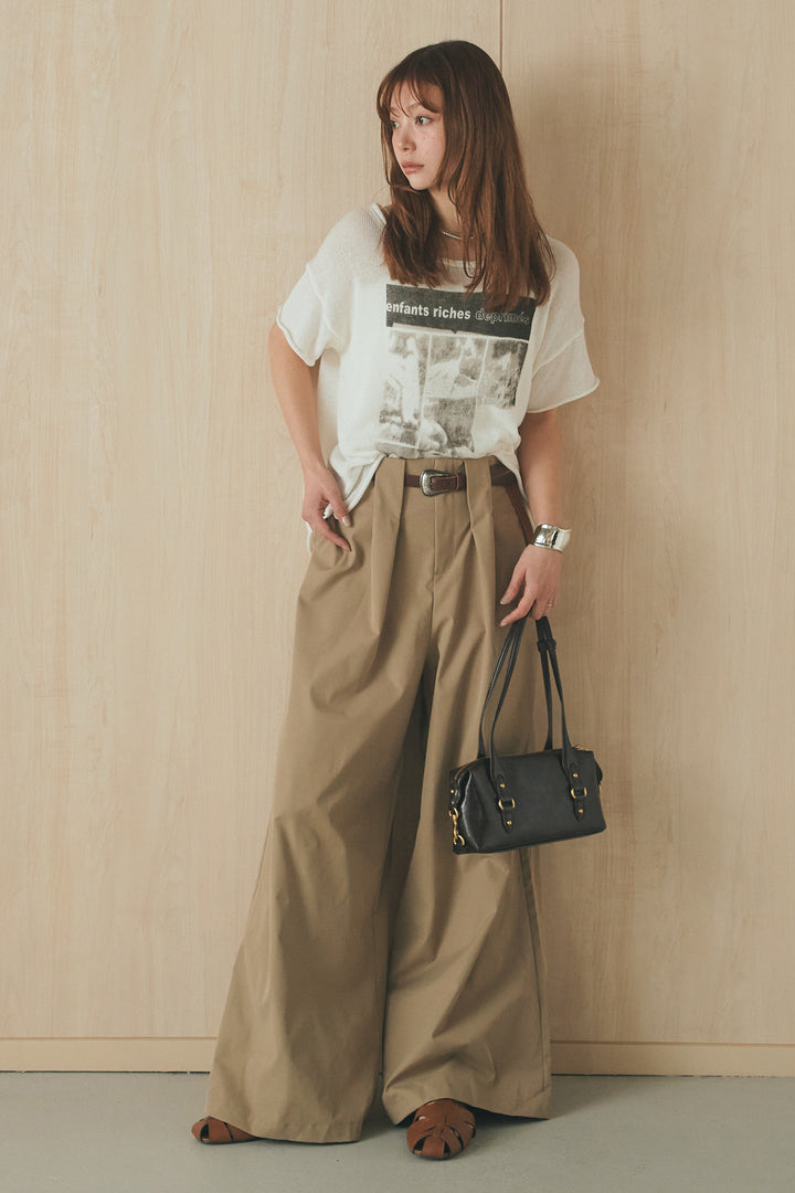 [SET]半袖モノトーングラフィックトップス+ベルトループデザインハイウエストタックパンツ(2set)