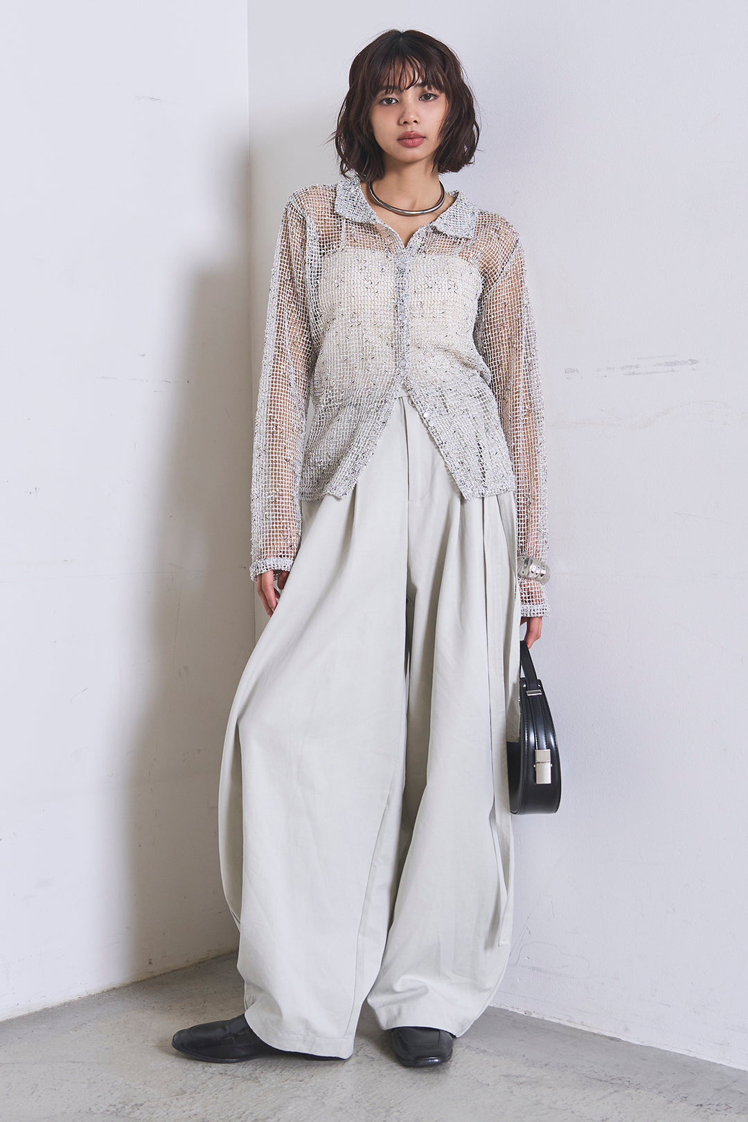 [SET]ネップメッシュポロ襟カーディガン+紐ベルト付きカーブワイドパンツ(2set)