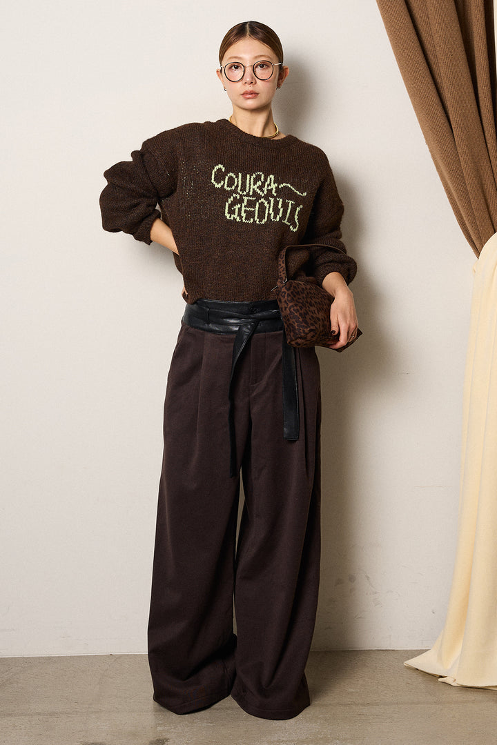 [SET]ロゴシャギーニットプルオーバー+巻ベルトウエストレザーライクワイドパンツ(2set)