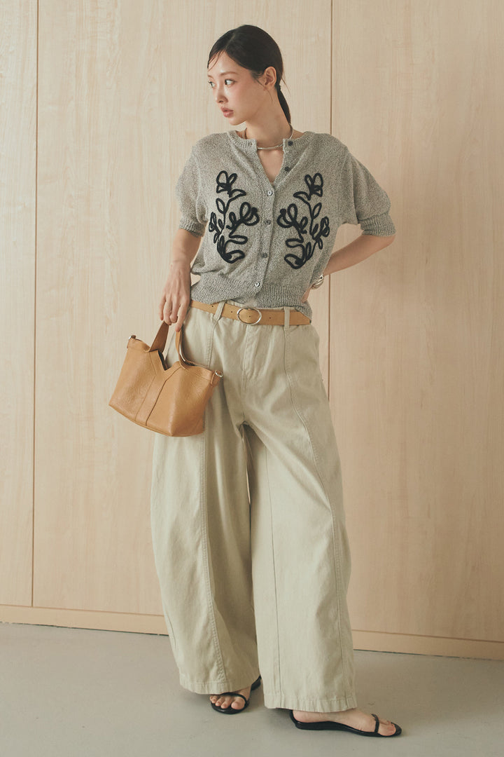 [SET]フロントテープデザイン半袖カーディガン+サイドベルトカーブワイドパンツ(2set)