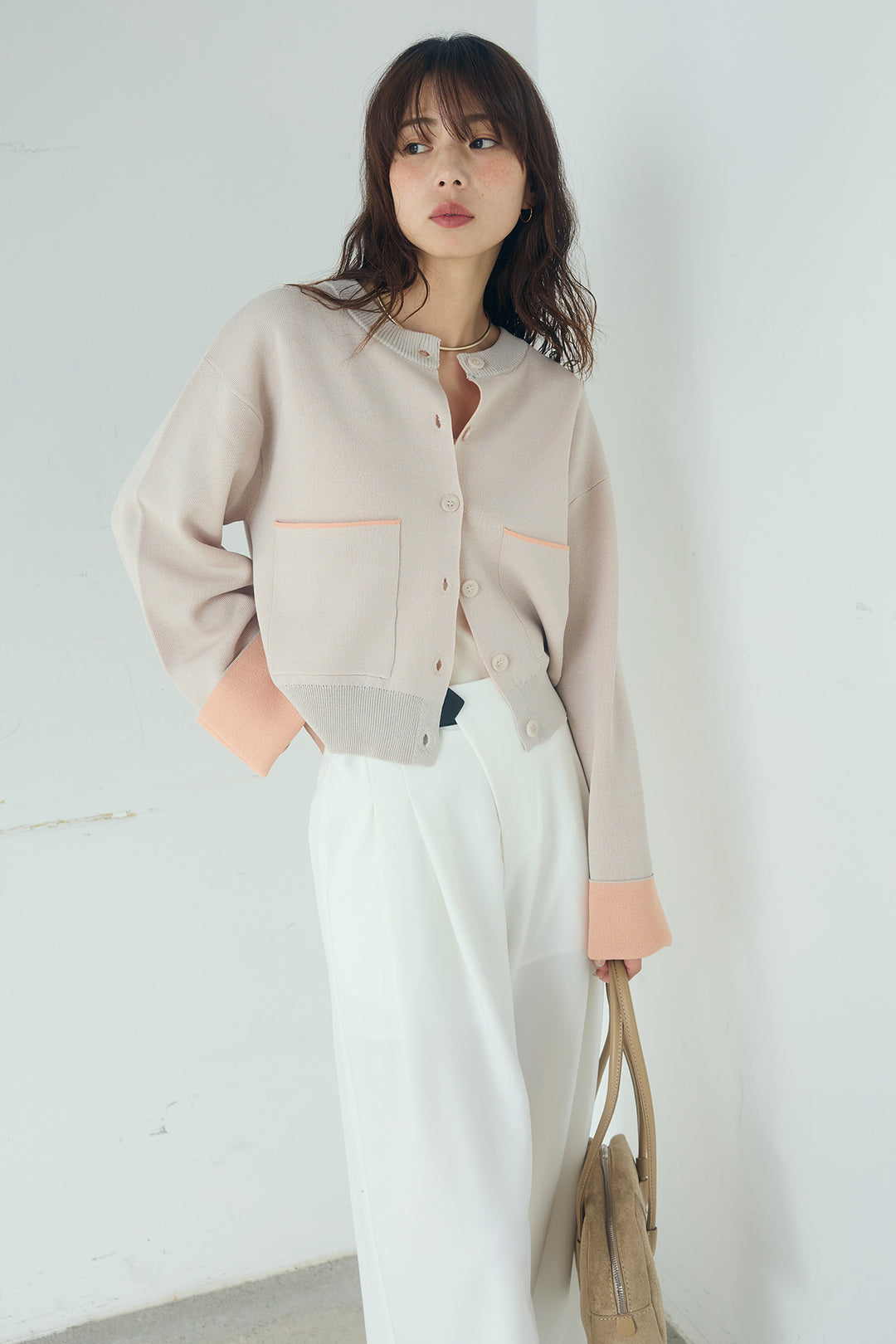 [SET]レーヨンポリダブルフェイスカーディガン+サイドベルトタック入りスラックス(2set)