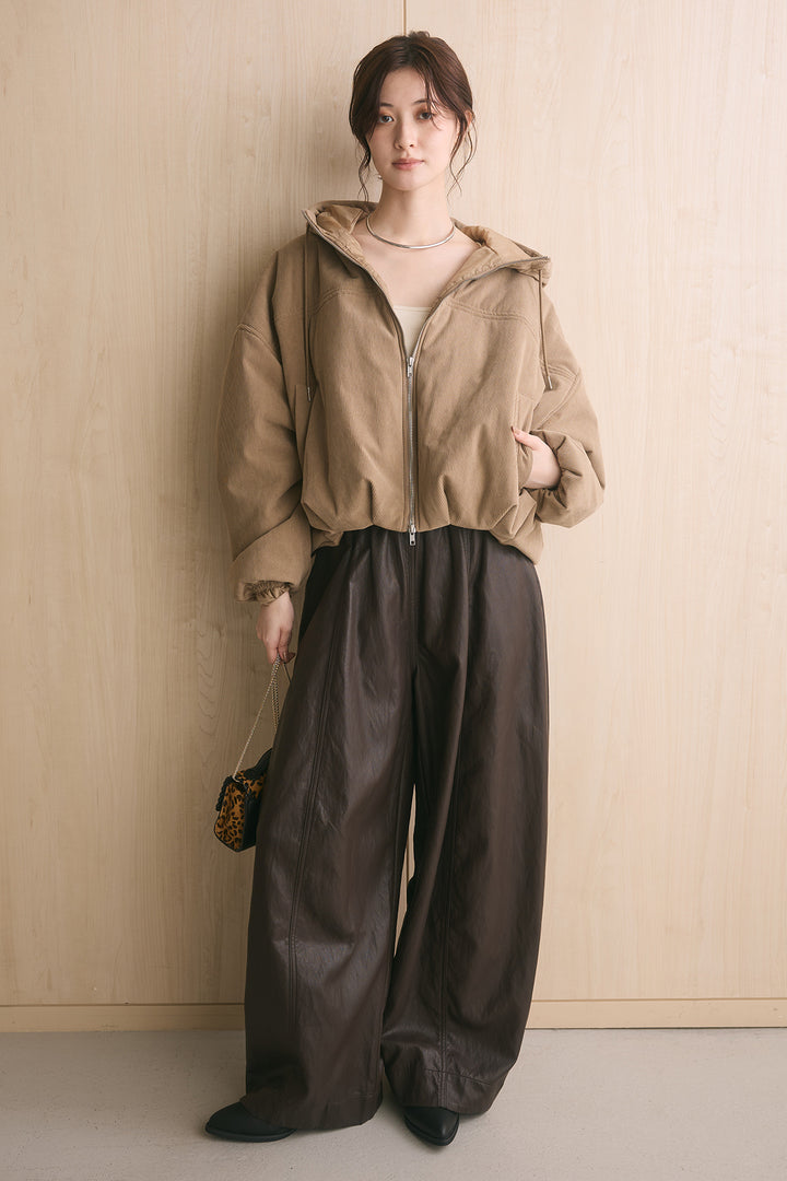 [SET]コーデュロイフーディバルーンブルゾン+フェイクレザーカーブワイドパンツ(2set)