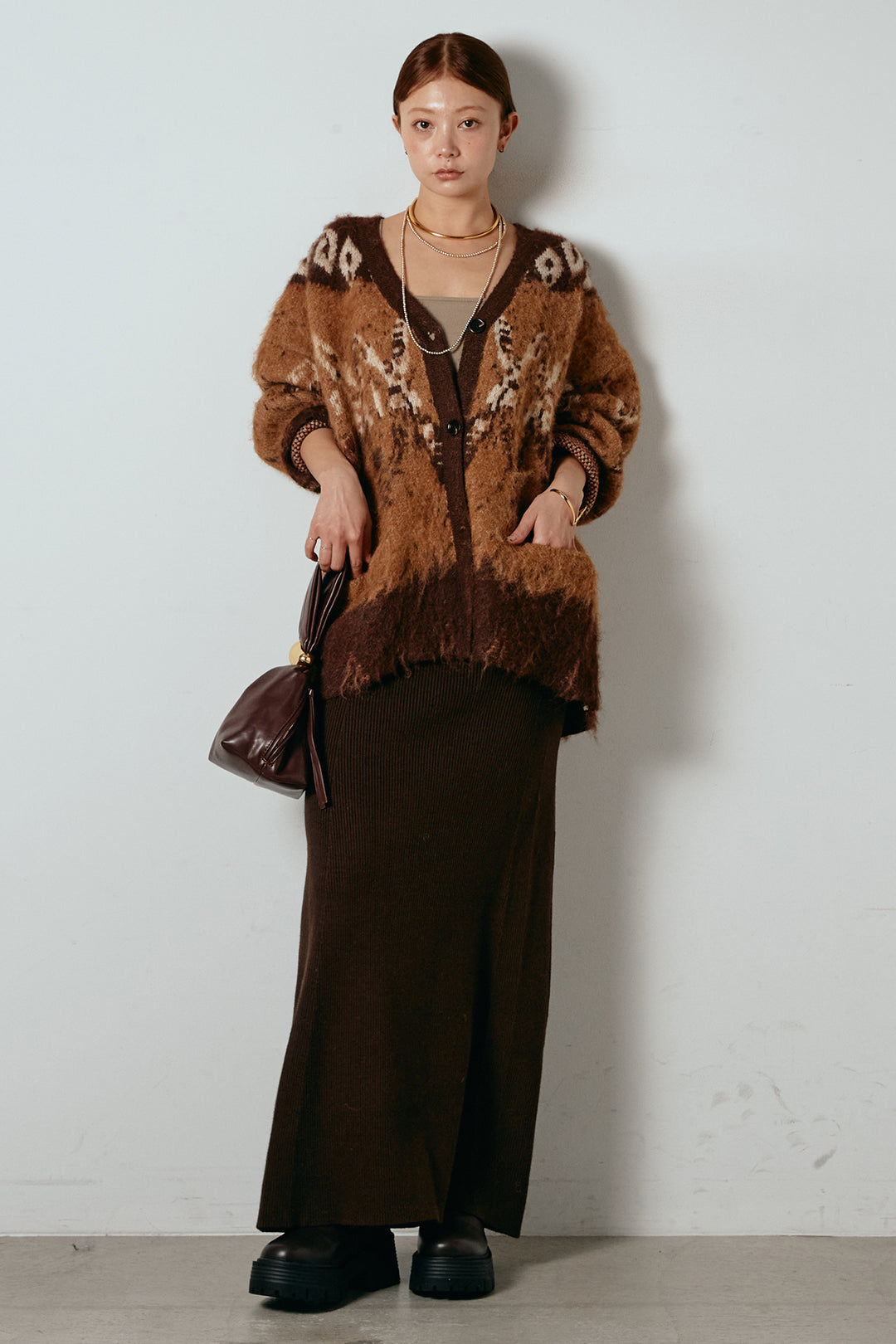 [SET]シャギーニュアンス柄ニットカーディガン+リブナローニットスカート(2set)