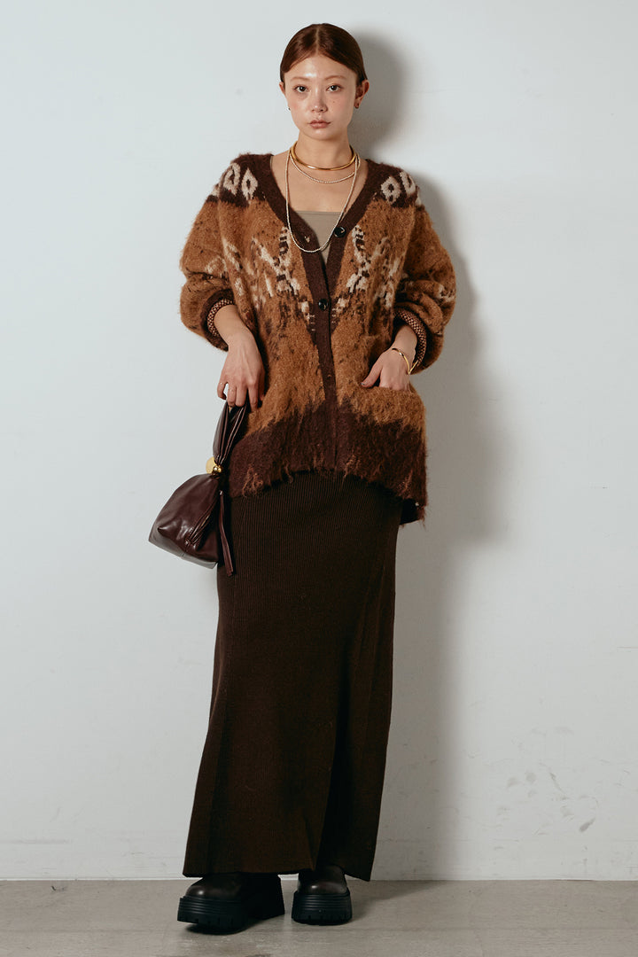 [SET]シャギーニュアンス柄ニットカーディガン+リブナローニットスカート(2set)