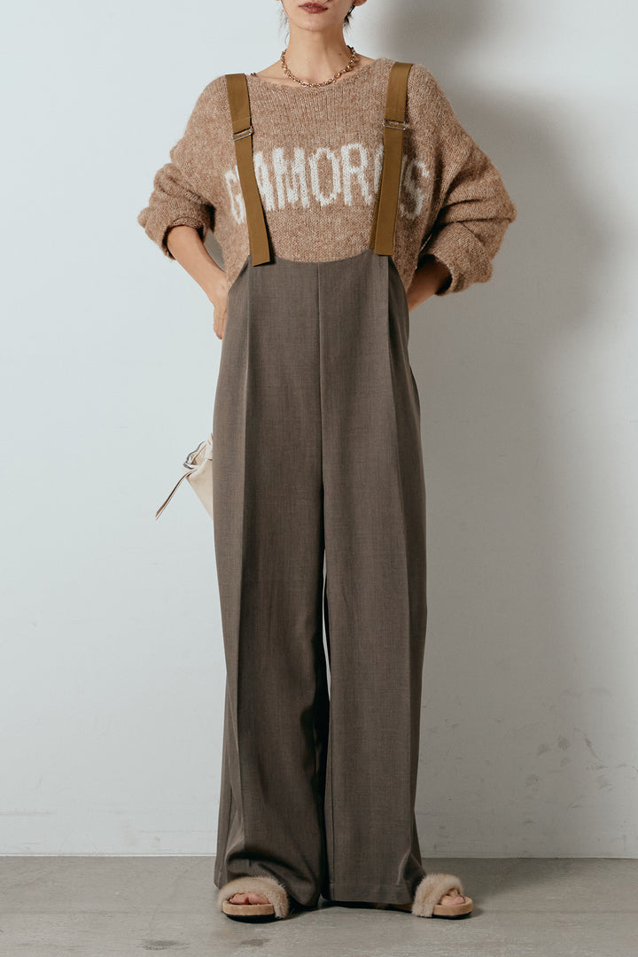 [SET]フロントロゴデザインニットトップス+ワイドツイルサロペット(2set)