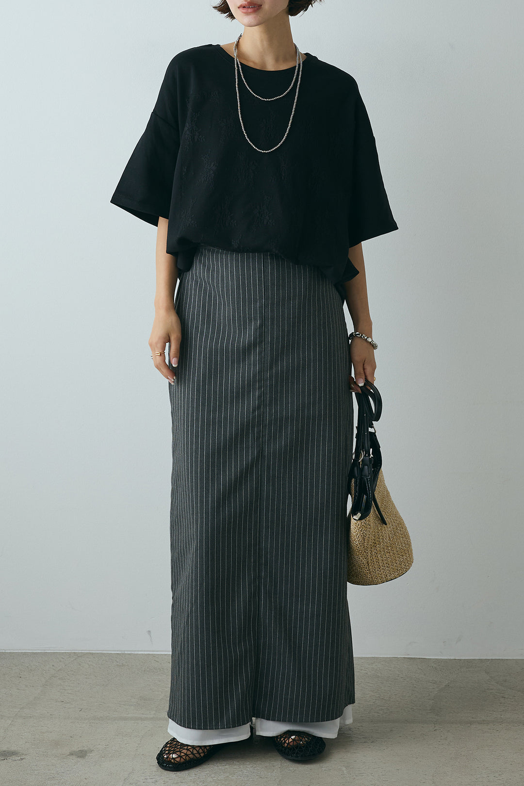 [SET]スクエアレース刺繍Tシャツ+ストライプストレートスカート(2set)