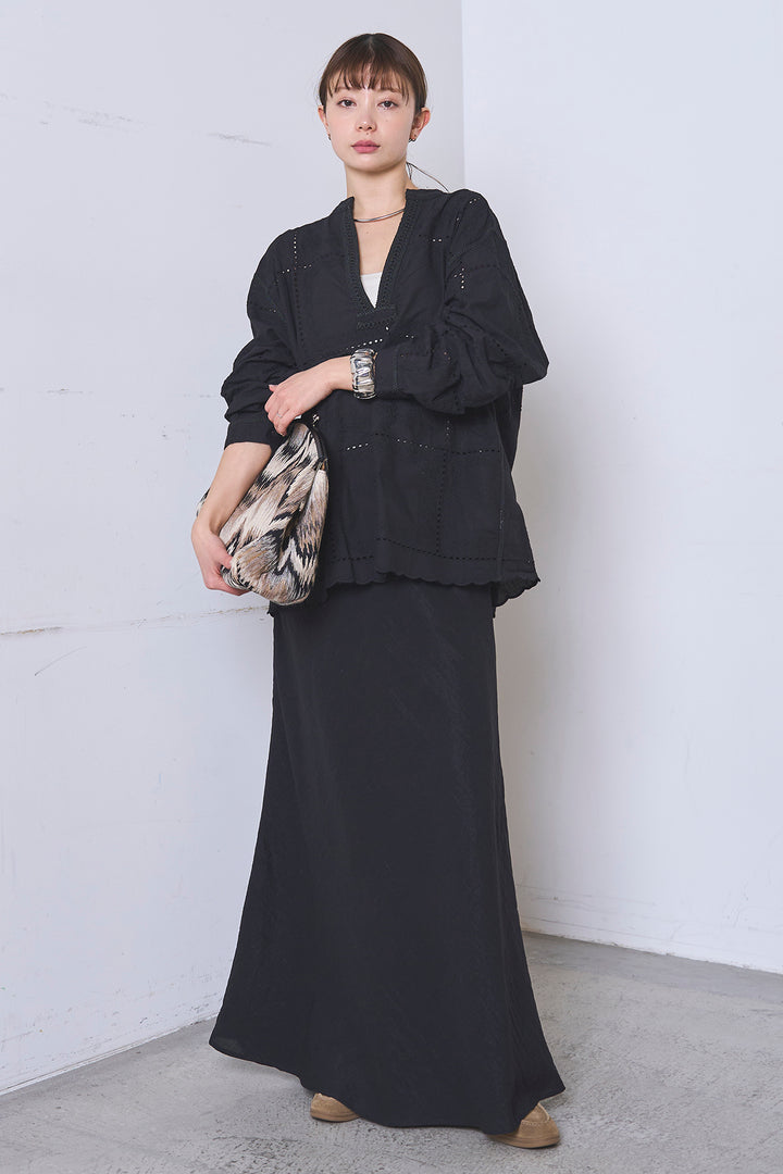 [SET]深V刺繍柄ブラウス+リネンブレンドロングナロースカート(2set)