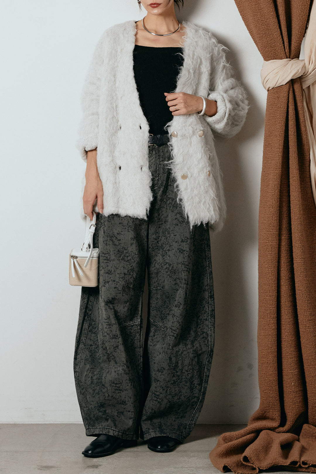 [SET]ウェーブシャギーニットジャケット+ベルト付きニュアンス柄カーブワイドパンツ(2set)