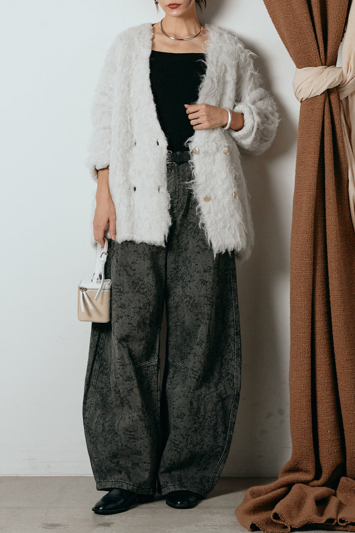 [SET]ウェーブシャギーニットジャケット+ベルト付きニュアンス柄カーブワイドパンツ(2set)