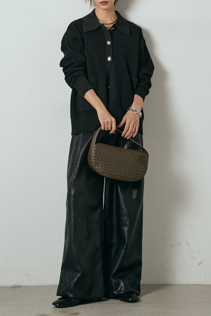 [SET]メタル釦衿付きニットカーディガン+ベルト付きレザーライクタックパンツ(2set)