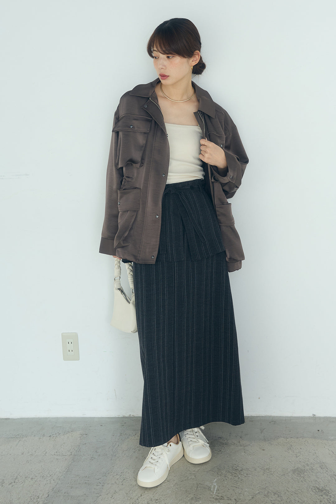 [SET]サテンライトブルゾン+ラップ巻きピンストライプワイドスカート(2set)