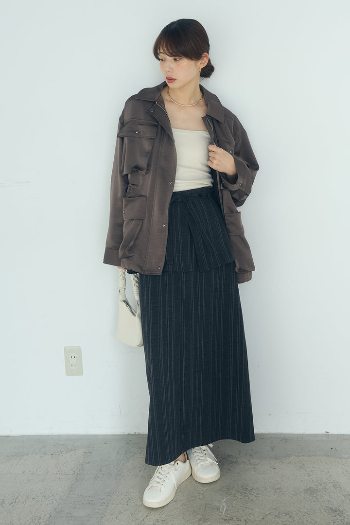 [SET]サテンライトブルゾン+ラップ巻きピンストライプワイドスカート(2set)