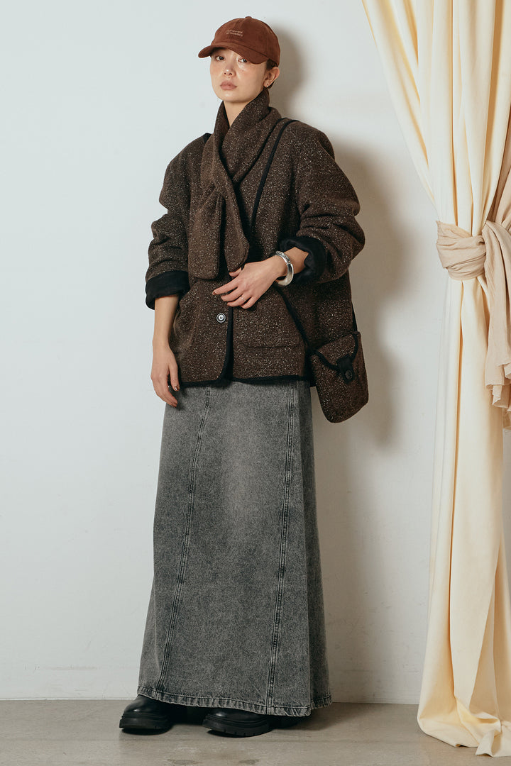 [SET]ノーカラーマフラーバッグ付きアウター+デニムロングフレアスカート(2set)