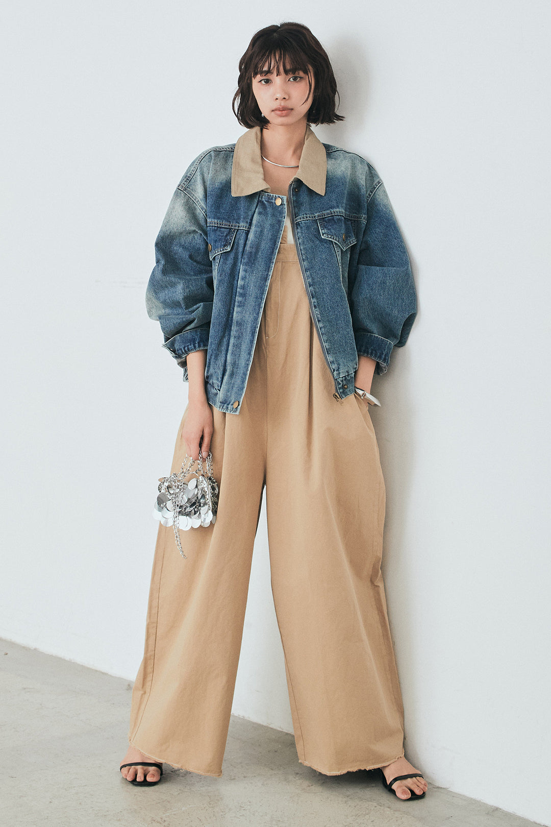 [SET]襟切り替えジップデニムジャケット+綿ツイルアシメサロペット(2set)