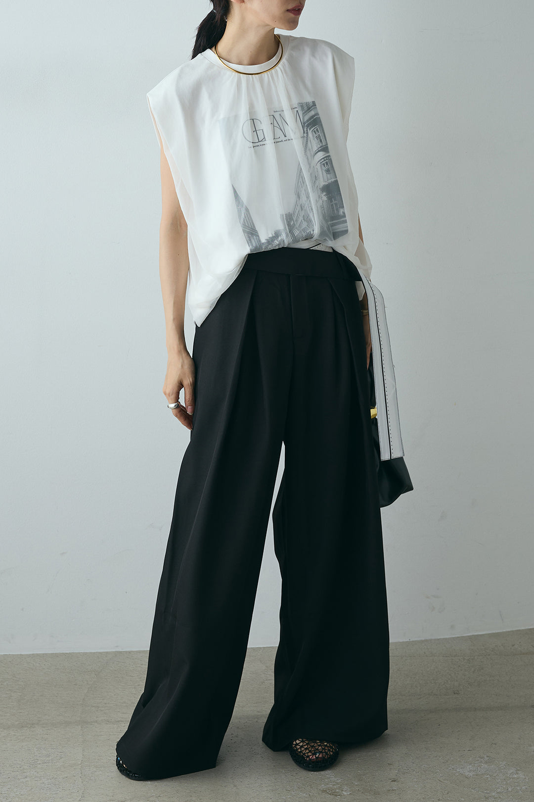 [SET]チュールレイヤードフォトプリントTシャツ+ウエスト垂らしデザインワイドパンツ(2set)