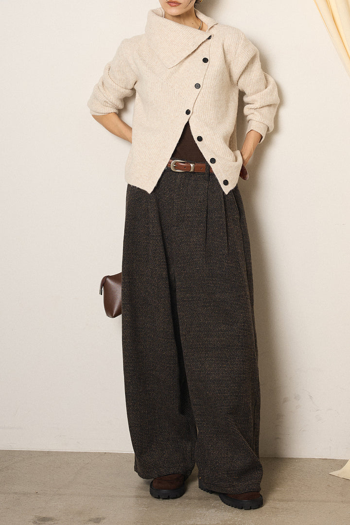 [SET]ボタンデザインネックニットプルオーバー+起毛タック入りツイードワイドパンツ(2set)