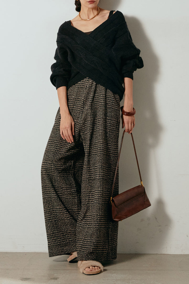 [SET]ケーブルカシュクールニットトップス+前後2wayグレンチェック柄スカーチョサロペット(2set)