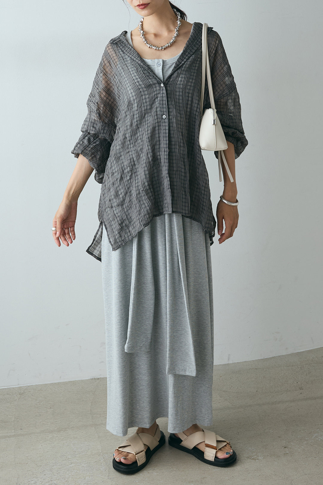 [SET]シアーマルチチェック柄シャツ+ウエスト巻きリブロングワンピース(2set)