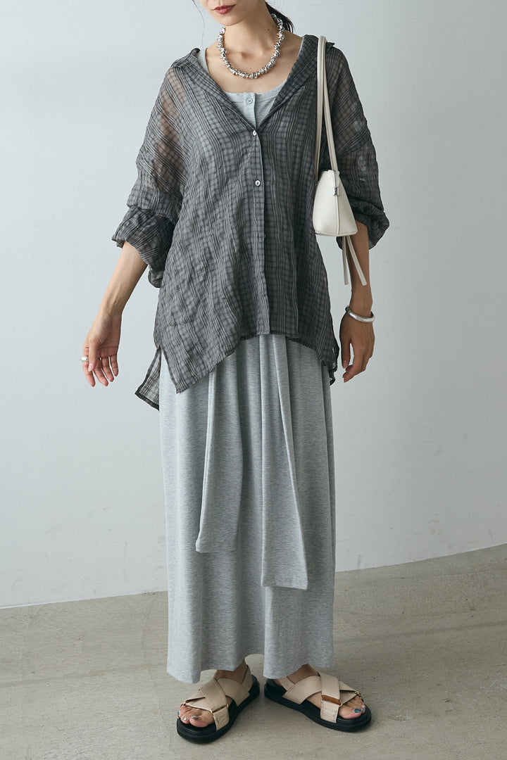 [SET]シアーマルチチェック柄シャツ+ウエスト巻きリブロングワンピース(2set)