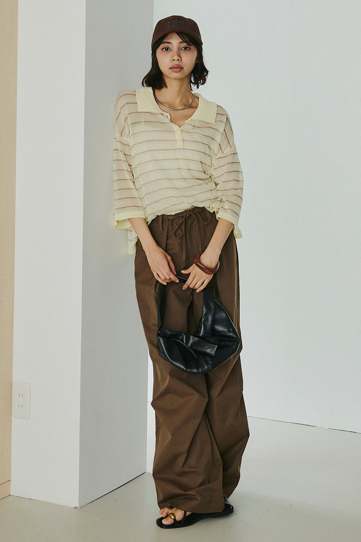 [SET]ボーダーニットポロシャツ+ニーサイドタックウエストドロスパンツ(2set)