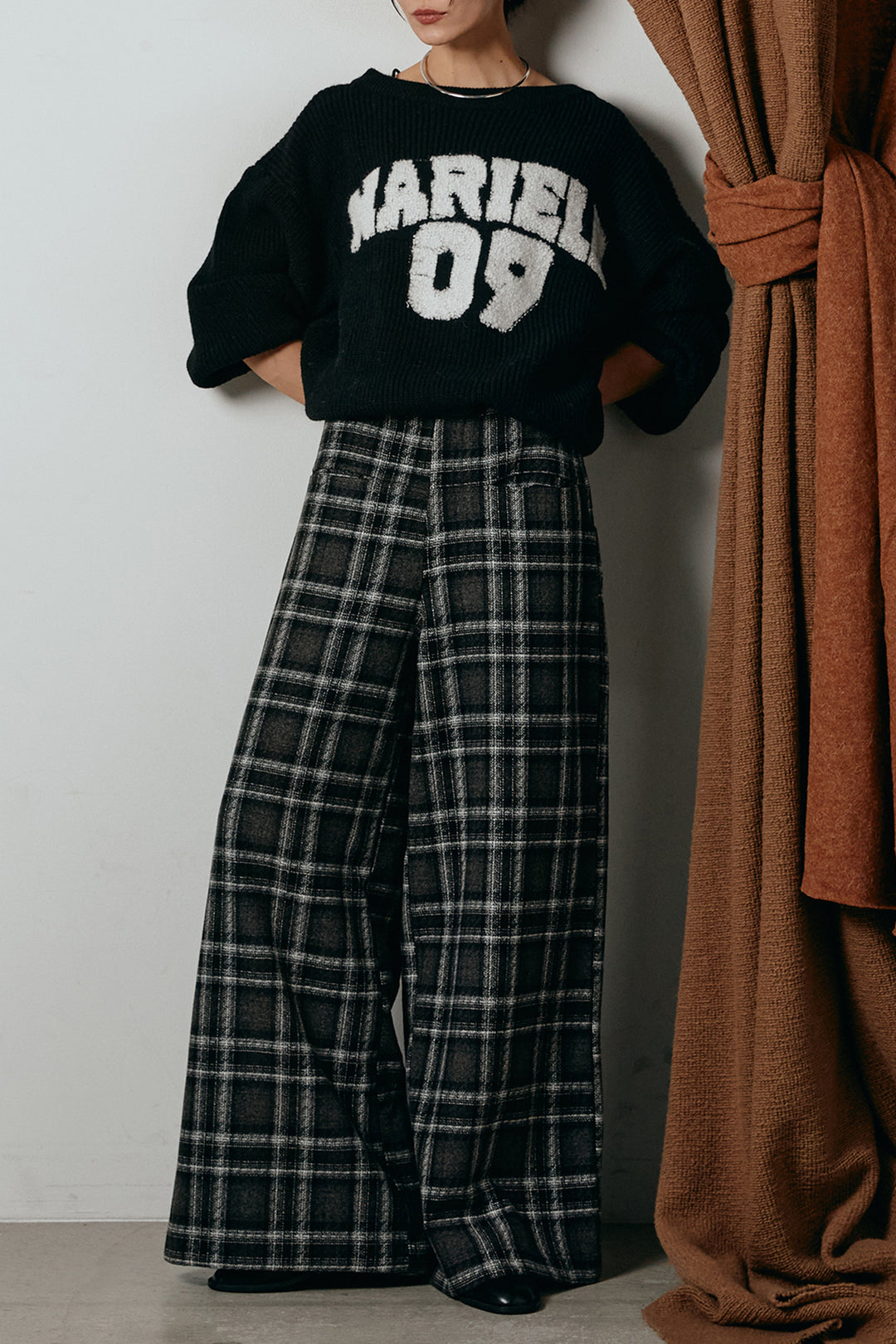 [SET]ロゴジャガードニットトップス+ルーズタータンチェックワイドパンツ(2set)
