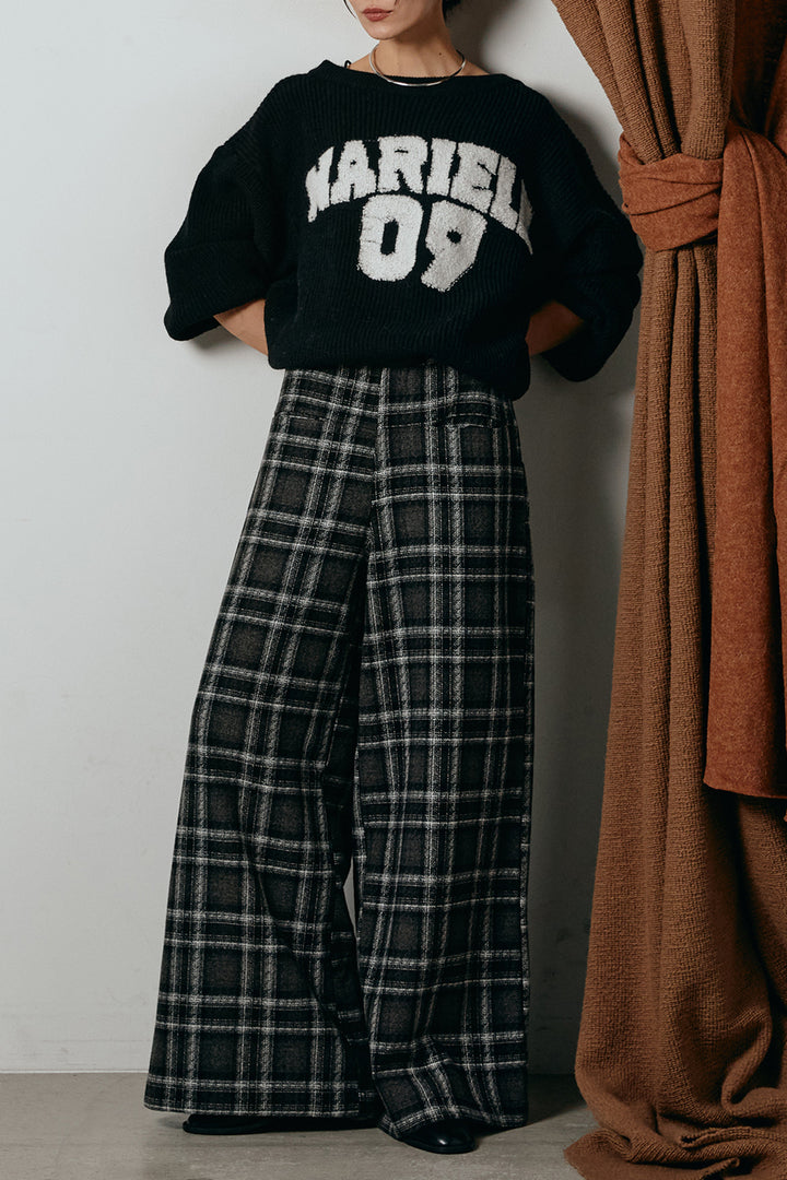 [SET]ロゴジャガードニットトップス+ルーズタータンチェックワイドパンツ(2set)
