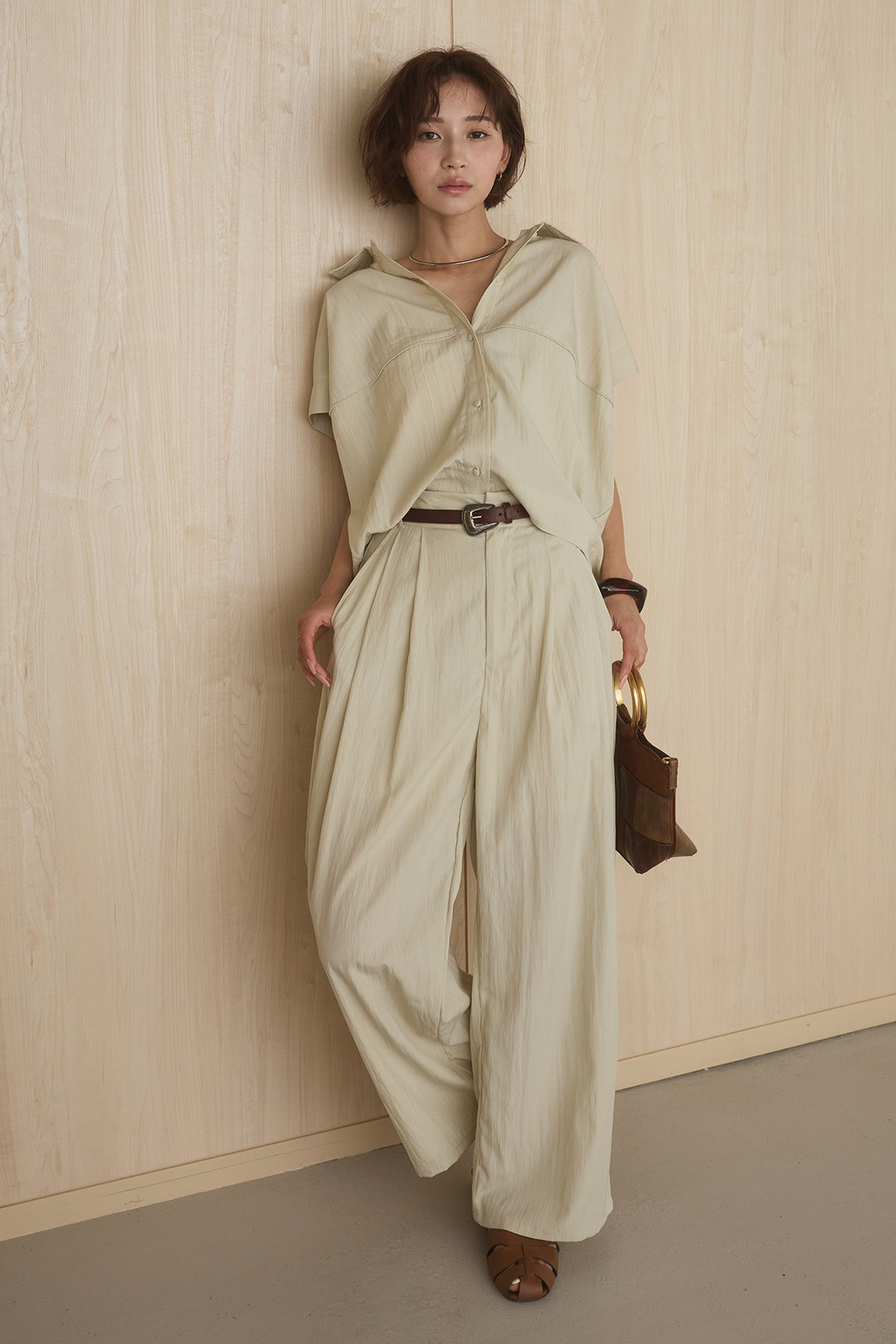 [SET]リネンライクランタンノースリシャツ+リネンライク2タックワイドパンツ(2set)
