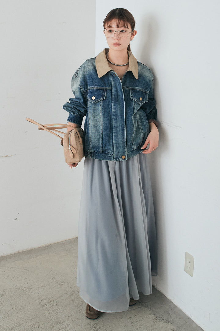 [SET]襟切り替えジップデニムジャケット+リラックスシアーフレアスカート(2set)