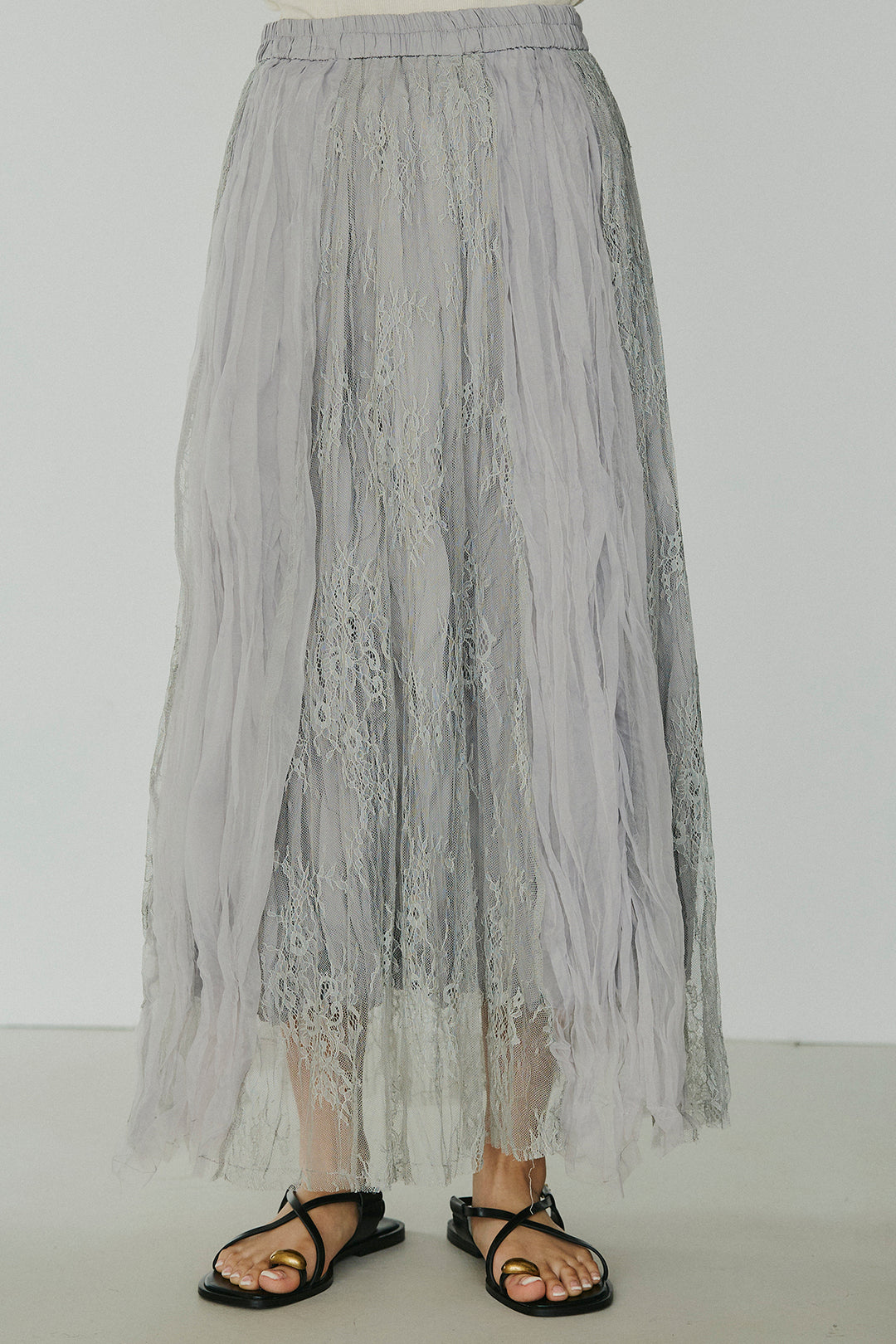 [SET]レースロゴ刺繍Tシャツ+レースコンビワッシャーギャザースカート(2set)