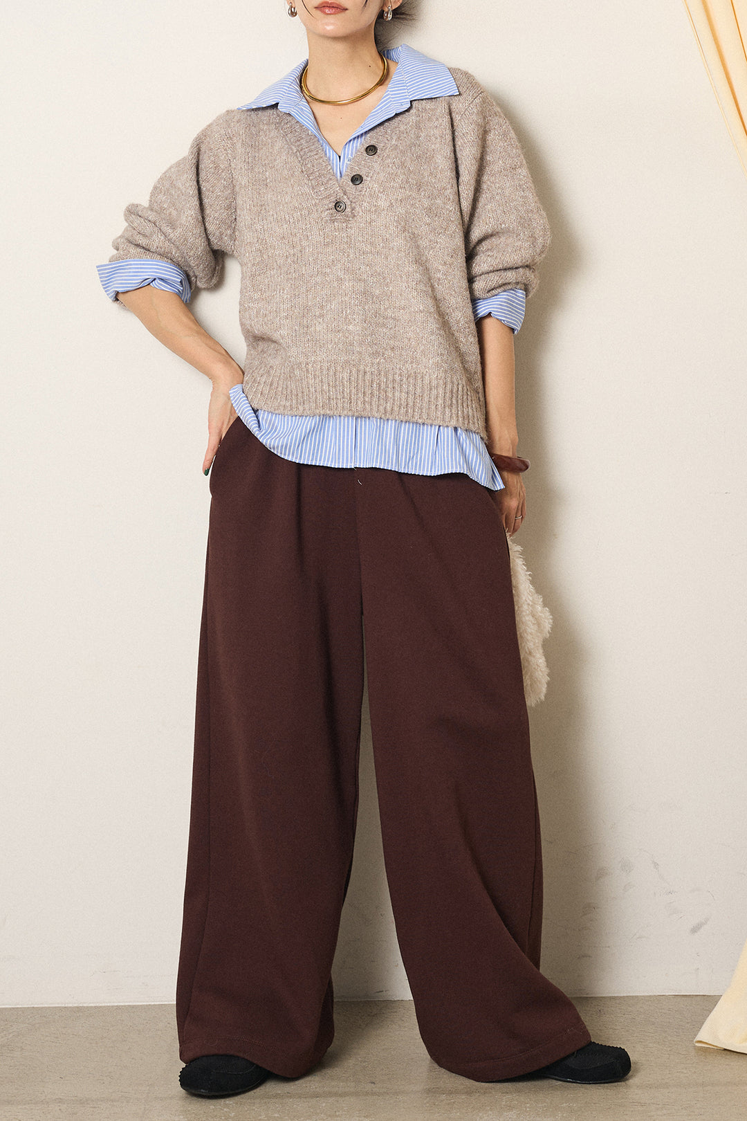 [SET]ストライプシャツドッキングニットポロトップス+裏起毛スウェットワイドパンツ(2set)