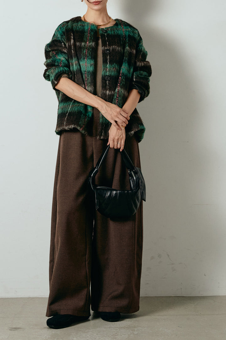 [SET]ノーカラーシャギーチェックアウター+ポーチベルト付きカーブパンツ(2set)