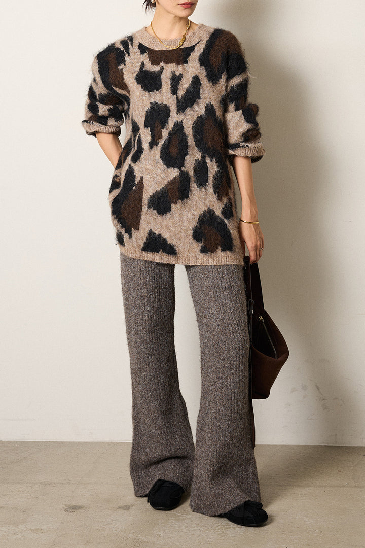 [SET]ルーズアニマルモヘアニットトップス+杢ニットリブフレアパンツ(2set)