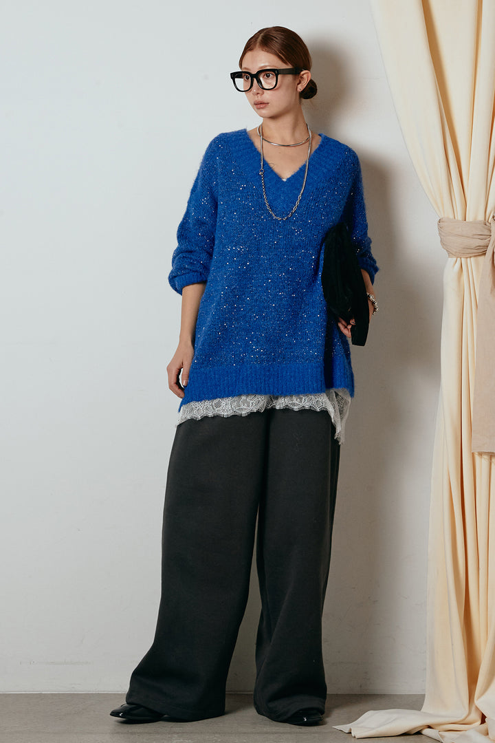 [SET]Vネックルーズラメニットトップス+裏起毛スウェットワイドパンツ(2set)
