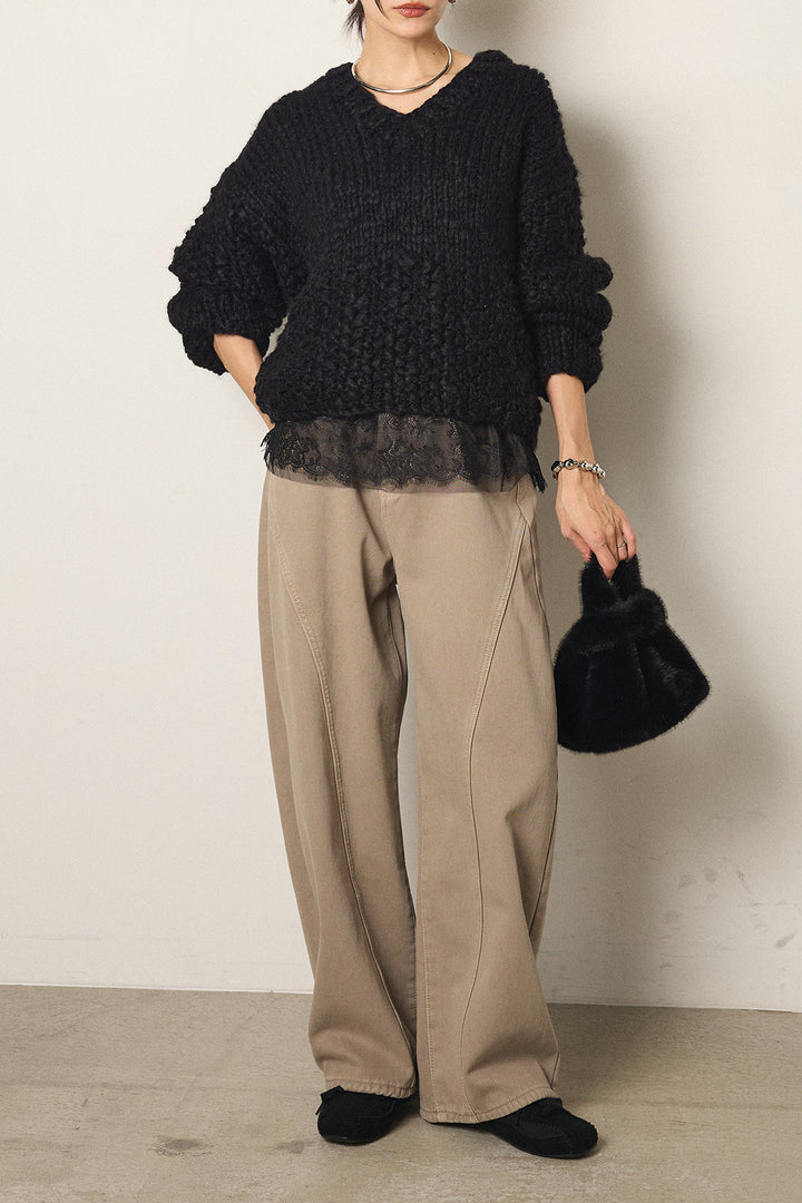 [SET]Vネックハンド編みニットトップス+ベルト付きカジュアルカーブワイドパンツ(2set)