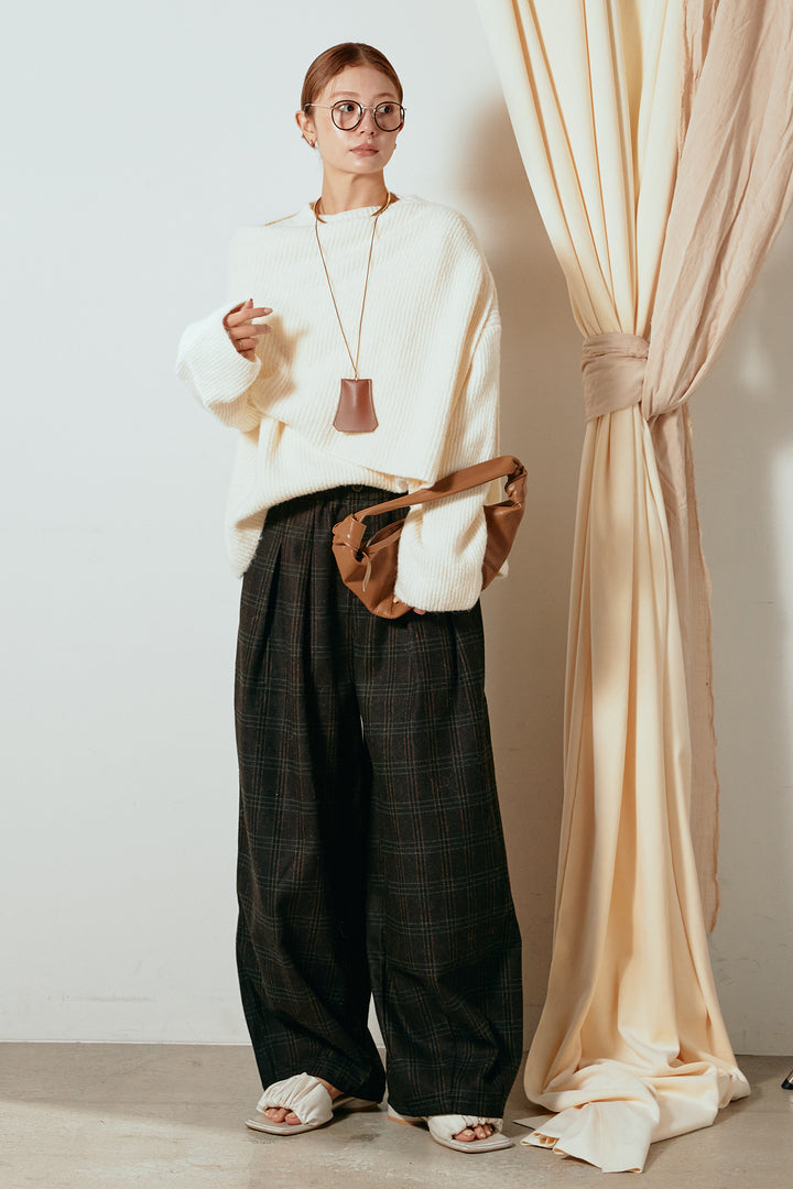 [SET]ケープデザインリブニットトップス+タータンチェック柄タックパンツ(2set)