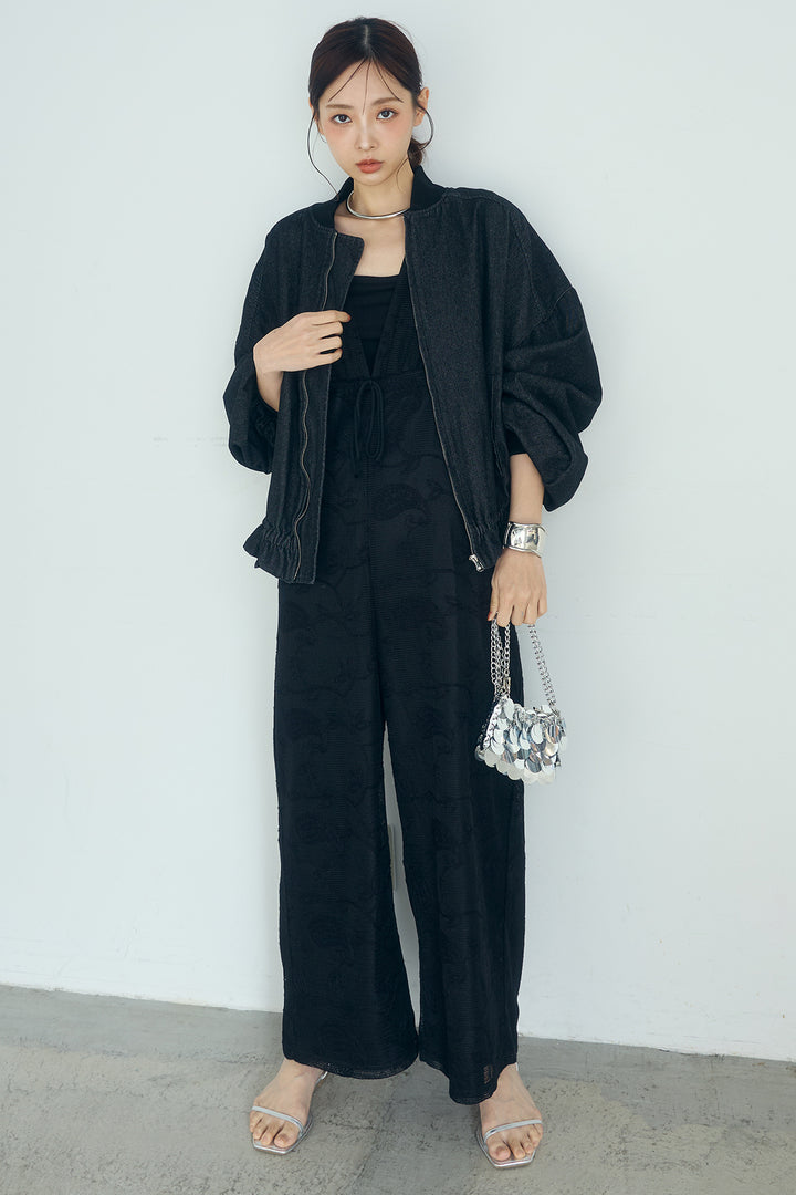 [SET]袖シャーリング裾フリルデニムブルゾン+レースサロペット(2set)